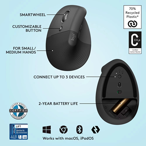 เมาส์ Logitech Lift สำหรับมือซ้าย รูปทรงตามหลักสรีรศาสตร์ แบบไร้สาย รองรับหลายอุปกรณ์ พร้อมตัวรับสัญญาณ Logi Bolt สำหรับสำนักงาน - Product Image 6