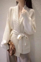 Cardigan en cachemire torsadé de longueur moyenne pour femme avec col en V, ceinture épaissie, pull, haut en tricot de laine ample