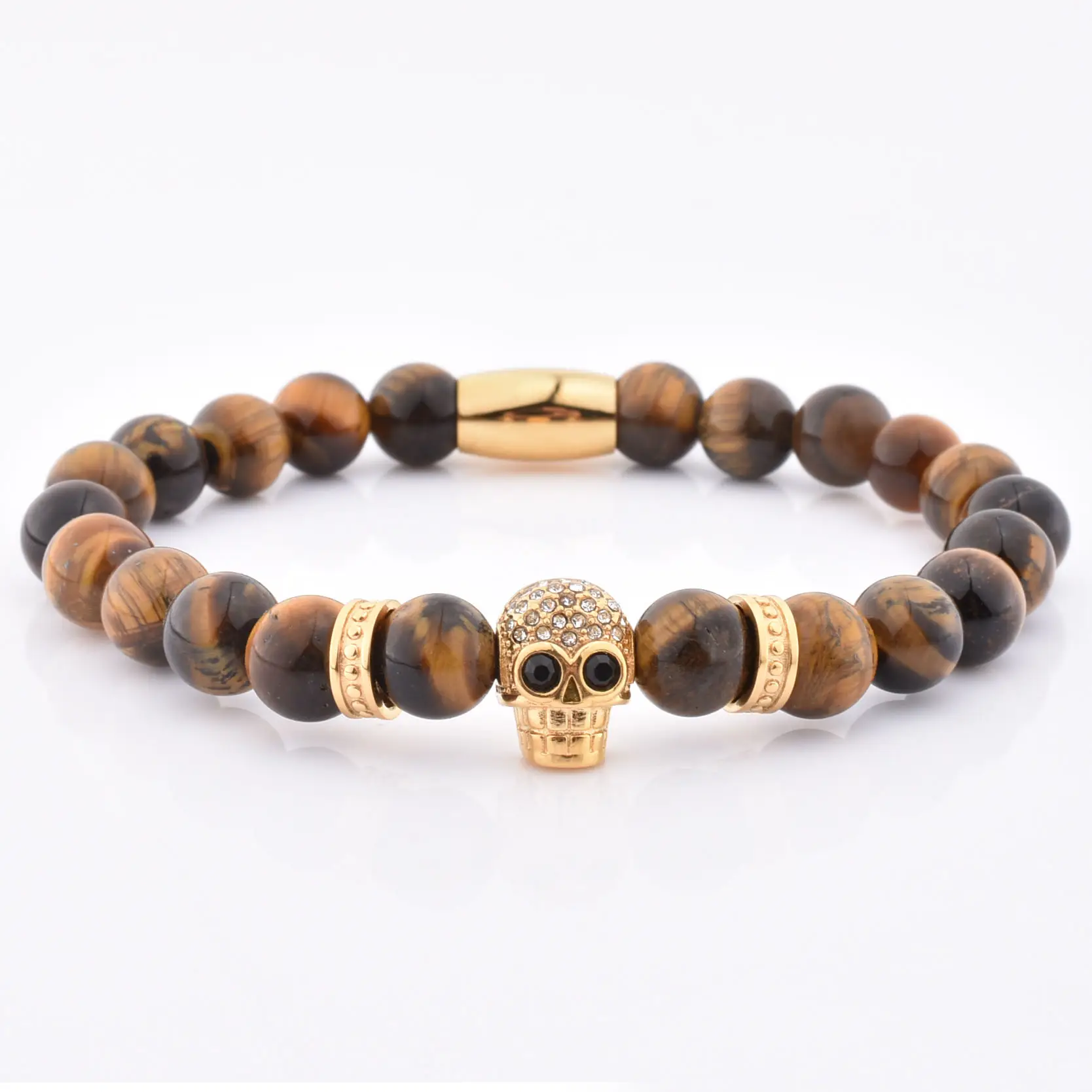 High Quality Tiger Eye Stone Beads Stainless Steel Skull Bead Bracelet With Diamond