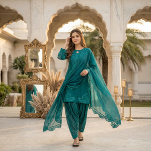 Ensemble Salwar Kameez Sharara en rayonne brodée bleu sarcelle avec dupatta en dentelle, sans plis, vêtements indiens et pakistanais pour fêtes et mariages - Product Image 1