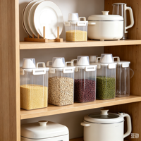 Pot de stockage de céréales transparent carré en plastique, hermétique, anti-humidité, moderne et minimaliste, avec poignée et échelle de mesure pour la cuisine