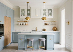 Cucina francese Country a forma di <span class=keywords><strong>L</strong></span>: armadi Shaker <span class=keywords><strong>blu</strong></span> morbidi, unità superiori con facciata in vetro, <span class=keywords><strong>isola</strong></span> rifinita in ottone, angolo da pranzo accogliente - Product Image 2