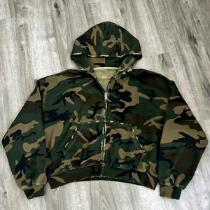 เสื้อผ้าผู้ชายคุณภาพสูงแบบ OEM สั่งทำพิเศษ ทรงหลวม ไหล่ตก ผ้าฝ้าย 420 GSM พิมพ์ลายทั่วตัว ทรงบ็อกซี่ ลายพราง วินเทจ ซิปหน้า - Product Image 1