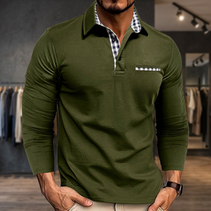 Polo de Manga Larga para Hombre, Verde Oliva, Cuello a Cuadros, Bolsillo en el Pecho, Informal, de Punto, de Algodón Transpirable, Corte Regular - Product Image 4