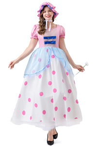 Disfraz de Pastora para Mujer al por Mayor, Vestido Maxi Rosa Pastel con Puntos Azules, Manga Abullonada, Gorro, Disfraz de Princesa para Juego de Rol - Product Image 4