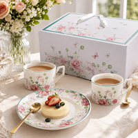 Ensemble de tasses à café en céramique florale avec soucoupes et cuillères dorées, service à thé de l'après-midi en porcelaine, coffret cadeau pour mariage et anniversaire, OEM ODM, vente en gros