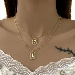 Elegant letter charms necklace brass gold plated pave zircon oval shaped hanging initial pendant necklace