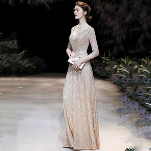 Evening Gown With Gold <b>Sequins</b> V Neck Sheath Satin Long Dress For Formal Events - Product Image 3