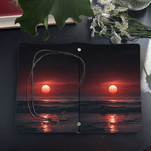 Cuaderno hecho a mano A6 con cierre de corbata Vintage 160 páginas Gran regalo de cumpleaños para prometido E con Sun Sea Waves y Red Sky Prin - Product Image 4