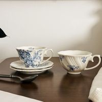 Ensemble tasse et soucoupe en céramique style pastoral vintage français, motif fleur de Campsis, avec anse, capacité 250 ml, pour café, latte, thé de l'après-midi, dessert