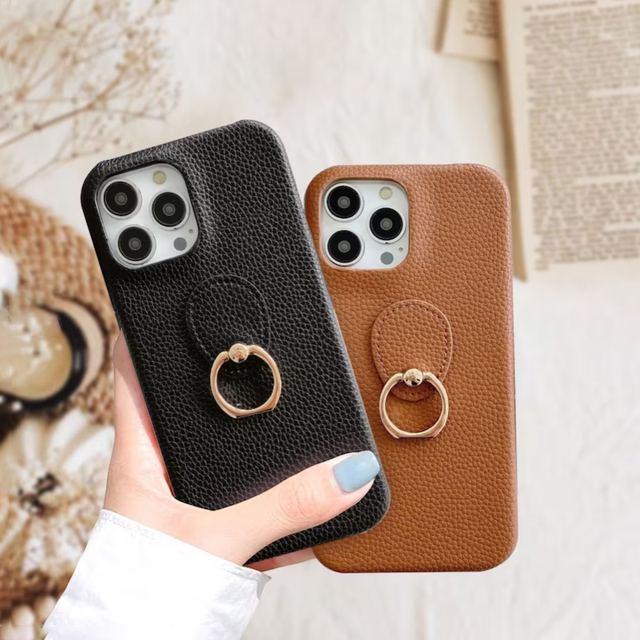 PU Leather Phone Case With Phone Ring Holder Solid Color Cell Phone Protector Case Cover
