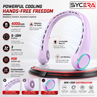 Ventilateur de cou portable rechargeable, grande capacité, sans pales, flux d'air à 360°, 3 vitesses, lumière d'ambiance pour sports de plein air et randonnée