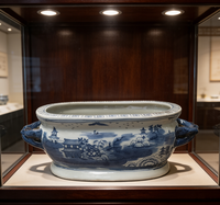 Bassin de Bain de Pieds en Porcelaine Bleue et Blanche Peinte à la Main, Style Antique de Jingdezhen, Motif Temple Montagneux, Pot de Plantes à Poignée