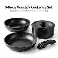 Ensemble de 5 casseroles et poêles en fonte antiadhésives sans PFOA, poignée amovible, compatible avec les cuisinières à induction et à gaz, gain de place pour la cuisine