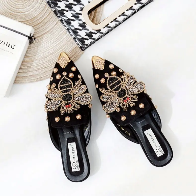 Women Pointy Toe Mules Backless Flats Tiny Diamond Bees Metat Rivets Studded Slippers Shoes Sexy Dress Loafers