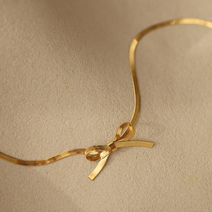 Summer Classic Style Stainless Steel 18K Gold Plated Choker <b>Snake</b> Chain Bowknot Pendant Necklace for Women's Anniversary - Product Image 1