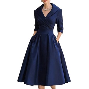 Robe de soirée élégante mi-longue plissée à col en V et manches longues, avec poches, coupe ajustée pour femme, collection 2026 - Product Image 6