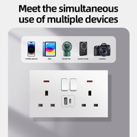 Prise murale CE certifiée en panneau PC, 2 modules, 13A, norme britannique 146, avec interrupteur, ports USB et Type-C, et interrupteur d'éclairage