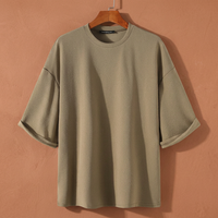 Camiseta de Punto Casual para Hombre, Tallas Grandes, 100% Algodón, Tejido Grueso, Color Sólido, Transpirable, Anti-Pilling, de Alta Calidad y Tendencia