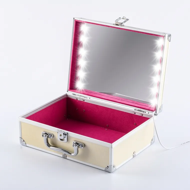 2021 weiß kleine profession elle tragbare Premium Aluminium halterung LED Beauty Make-up Kosmetik koffer Reise veranstalter mit Spiegel licht
