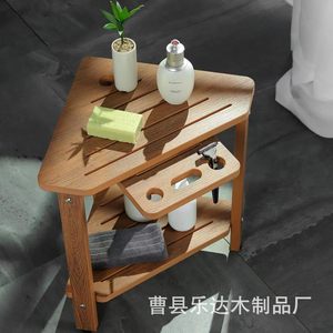 Leda Wooden Bathroom Stool <b>Storage</b> <b>Rack</b> Solid Wood Triangular Double Layer <b>Shower</b> Seat Organizer For Bath And <b>Shower</b> Use - Product Image 2