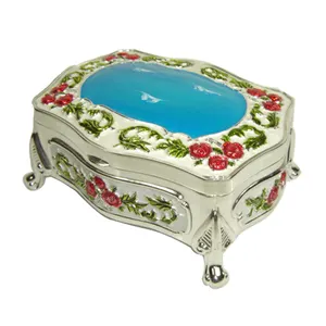 Nice Colored Silver Metal Rect Shape Hinge Jewelry Box with Rose Pattern