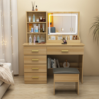 Table de maquillage moderne en panneaux de bois pour chambre à coucher avec tabouret et miroir éclairé
