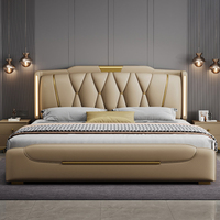 Lit en cuir gris haut de gamme italien, lit king-size moderne avec rangement luxueux, cadre de lit minimaliste en bois éclairé, ensemble de lit queen-size