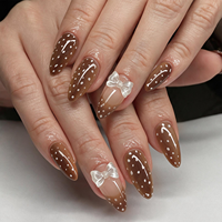 Faux ongles marron amande à presser avec pois blancs et motif nœud, embouts brillants réutilisables pour fêtes, rendez-vous, mariages, manucure 4562