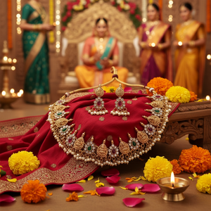 High Quality Traditional South Indian Ethnic Brass Bridal <b>Set</b> Zircon Flower Design Rose <b>Gold</b> Plated Third Party Wedding - Product Image 3