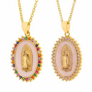 แฟชั่นรูปไข่เหรียญเหรียญจี้ทางศาสนาทองแดงชุบทอง 18k หยดน้ํามันลูกบาศก์เพทายสร้อยคอเวอร์จินแมรี่ - Product Image 1