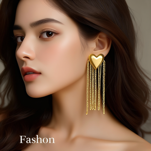 ต่างหูแฟชั่นแบบห้อย ชุบทอง สแตนเลสสตีล 316L รูปหัวใจ ดีไซน์พู่ห้อย - Product Image 3