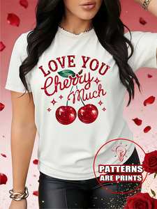 T-shirt casual da donna per San Valentino, con stampa di ciliegie e scritta, girocollo, manica corta, in cotone leggero e traspirante, per la primavera - Product Image 3