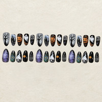 Lot de 30 faux ongles press-on violets-noirs, style français, motif ciel étoilé, pour Halloween, courts, en forme d'amande, brillants et pré-dessinés