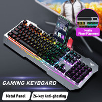 F3010 Keyboard Gaming Mekanik Berkabel Ukuran Penuh USB RGB Backlight Panel Logam Tombol Multimedia Profesional Penyangga Ponsel PC
