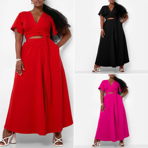 N8078 Latest Design African Summer Outfits for Women Trumpet Sleeves <strong>Lace</strong> up V-neck <strong>Top</strong> and Maxi Skirt Set Two Piece - Product Image 1