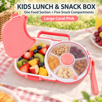 Boîte à lunch pour enfants avec plateau à collations rotatif, poignée de transport et sangle de poignet, grande taille, rose corail