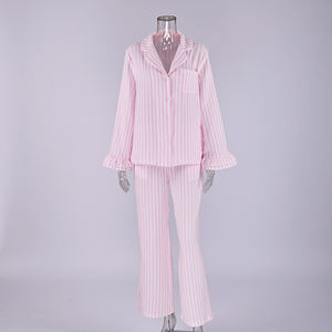 ชุดนอนผู้หญิง QINSI แบบสองชิ้น แขนยาว กางเกงขายาว ชุดลำลอง แต่งระบาย ลายทางสีชมพู ผ้าฝ้าย - Product Image 4