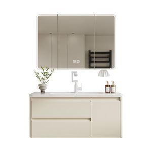 Italian Titanium Cream Bathroom Vanity <b>Stainless</b> <b>Steel</b> <b>Cabinet</b> One-Piece Ceramic Basin - Product Image 1