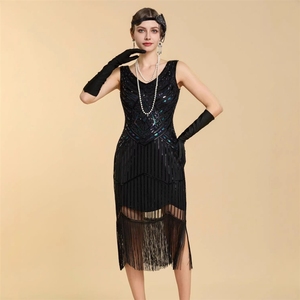 <span class=keywords><strong>Robe</strong></span> de soirée <span class=keywords><strong>vintage</strong></span> Gatsby <span class=keywords><strong>1920</strong></span>, taille plus, col rond, à franges, pour femme - Product Image 4