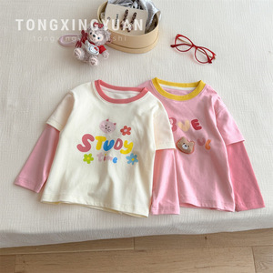 Tongxingyuan Girls T-Shirt Off White Pink Cotton Jersey Faux Two Piece Study Time Print Spring Autumn Kids Clothing - Product Image 1