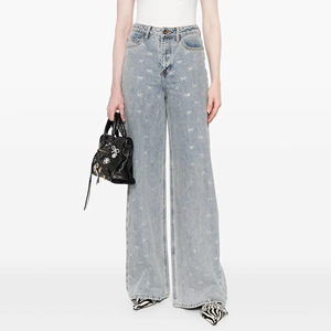 Pantalones Vaqueros de Mezclilla para Mujer, Estilo Coquette Y2K, con Lazo, Estampados, de Cintura Alta, Pierna Ancha, Color Azul Claro - Product Image 1