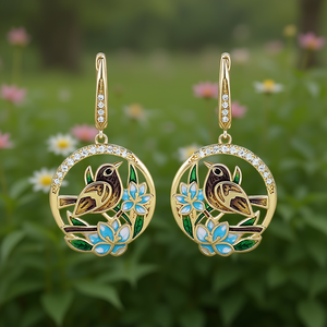 Boucles d'oreilles pendantes Fleur d'oiseau dorée en or massif 18 carats avec sertissage clos de diamants, bijoux raffinés pour femme, à porter au quotidien - Product Image 2