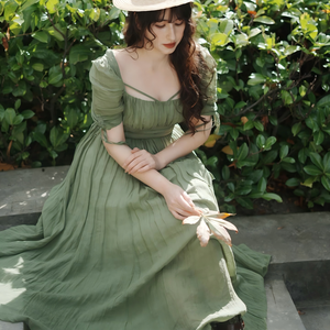 Custom Olive <strong>Green</strong> Chiffon Puff Sleeve <strong>Pleated</strong> Maxi Dress for Women Vintage Square Neck Summer Party Dress <strong>Skirt</strong> - Product Image 3