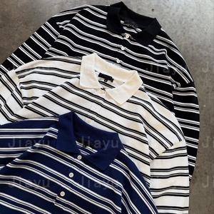 Venta al por mayor peso pesado Vintage Spandex <span class=keywords><strong>Rugby</strong></span> rayas Polo <span class=keywords><strong>manga</strong></span> <span class=keywords><strong>larga</strong></span> Streetwear Jersey hombres personalizado rayas Polo camisa para hombres - Product Image 5