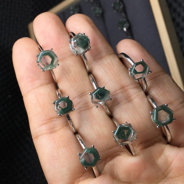 Natural Green Ghost Ring S925 Silver Inlay Opening Adjustable Geometry Fresh Sweet Fashion Joker Temperament Simple Wholesale