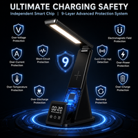 Chargeur sans fil rapide 6-en-1, lampe de bureau LED avec horloge numérique et alarme, station de charge pliable 15W pour téléphone, écouteurs et montre