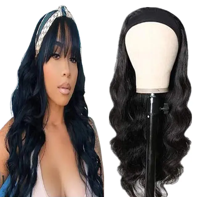 Vendeurs de perruques bandeau de cheveux humains brésiliens à bas prix, vente en gros Perruques de cheveux humains bandeau ondulé fait à la machine pour les femmes noires