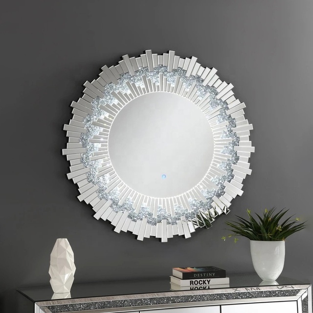 Modern Sunburst LED Wall Mirror Crushed Diamond Inlay Round Decor Mirror for Bedroom Living Room Foyer Home Wall Art Furniture