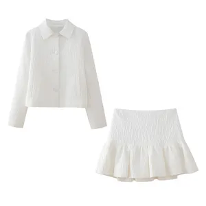 KAOPU ZA Women shimmery-effect fabric blazer and high waist draped side zipper short skirt two pieces sets mujer